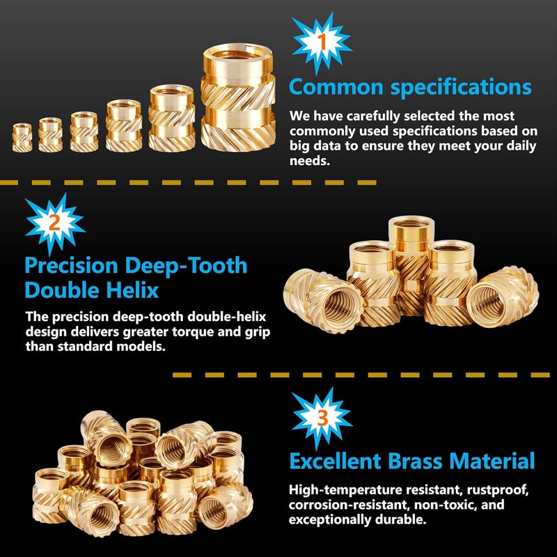 FFVRVSS 300+6Pcs M2 M2.5 M3 M4 M5 Premium Brass Threaded Inserts, Metric Brass Knurled Nuts Assortment Kit, with Heat Set Insert Tool, for Plastic and 3D Printing Components, All-in-one Solutions - Image 4